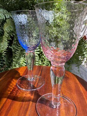 Set of 2 Vintage Multicolour Gibson Hobnail Wine Glasses, Blue & Pink